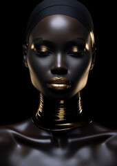 Fashion portrait of dark skinned model girl with golden makeup on dark background