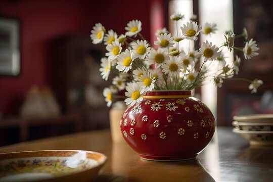A round vase filled with Daisy at the table. Lunar new year decoration, The photo is inspired by the arrangements of photographer Yvette Inufio, captured with a Canon EOS 5D Mark IV, using a 50mm f 1.
