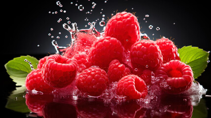 Ultra detailed photo of raspberries in juice splashing in isolation on the background with free space. Generative AI