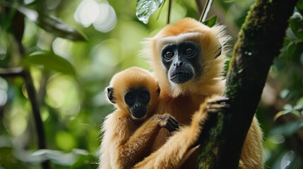 Obraz premium Yellow-cheeked Gibbon, Nomascus gabriellae, with grass food, orange monkey on the tree.