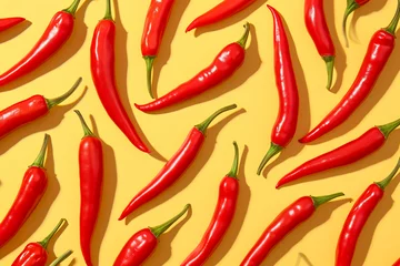 Fotobehang Pattern with red hot chili peppers on vibrant yellow background. Creative food concept. Minimal dish, spicy spices for cooking, cayenne pepper idea. Fashion minimal art. Flat lay. © Femmes.Digital