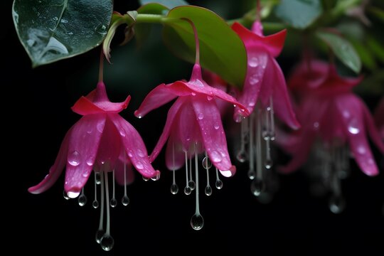The Fuchsia blooms like a waterfall, hanging from the eaves, clear, raindrops, high definition,32k