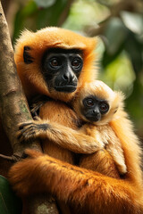 Fototapeta premium Yellow-cheeked Gibbon, Nomascus gabriellae, with grass food, orange monkey on the tree.