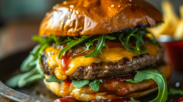 close-up of a delicious juicy burger. Healthy and tasty burger