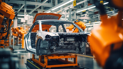 Component Installation and Quality Control of body car assembly. Fully Automated car assembly Line Equipped with High Precision Robot Arms at Car Factory - obrazy, fototapety, plakaty