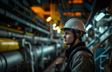 Portrait of a working man in a helmet in production, factory plant of a factory