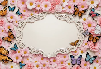 Gordijnen 3d wallpaper frame with flowers and butterflies © SR07XC3