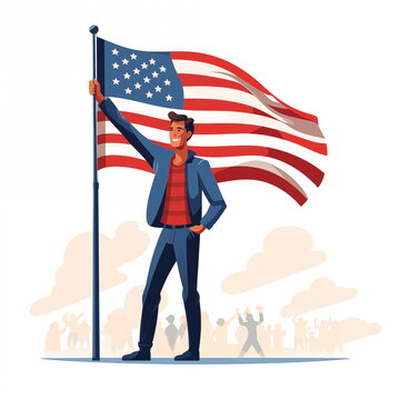 man standing in front of USA flag, flat design,icon, isolated background, Generated AI