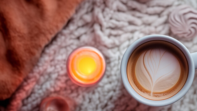 Lifestyle, top view pumplin latte. For coffeeshop, design, print, card, banner, poster, flyer, ad, storytelling, wallpaper, interior. Autumn bevarage