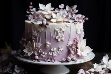  a close up of a cake on a plate with flowers on the side of the cake and on the side of the cake there is a small amount of icing on the cake.