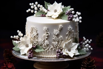  a white frosted cake with white flowers and berries on a silver platter with pine cones on the side of the cake and a pine cone on the other side of the cake.