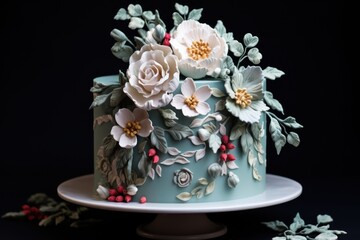  a close up of a cake on a plate with flowers and leaves on the top of the cake and on the bottom of the cake, on a black background.