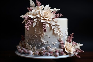  a close up of a cake on a plate with flowers and pearls on the top of the cake and on the bottom of the cake is a black background with white frosting.