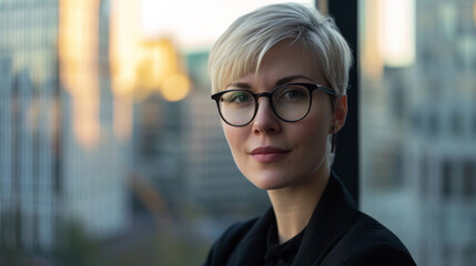 Businesswoman, an attractive blonde with a short haircut and glasses against the backdrop of downtown and an office building