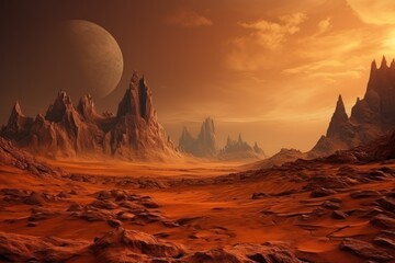  an alien landscape with mountains, rocks, and a distant planet in the distance with a distant moon in the sky, and a distant planet in the foreground.