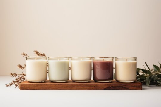  a row of candles sitting next to each other on a wooden tray with a plant in the middle of the row and a white wall behind the row of candles.