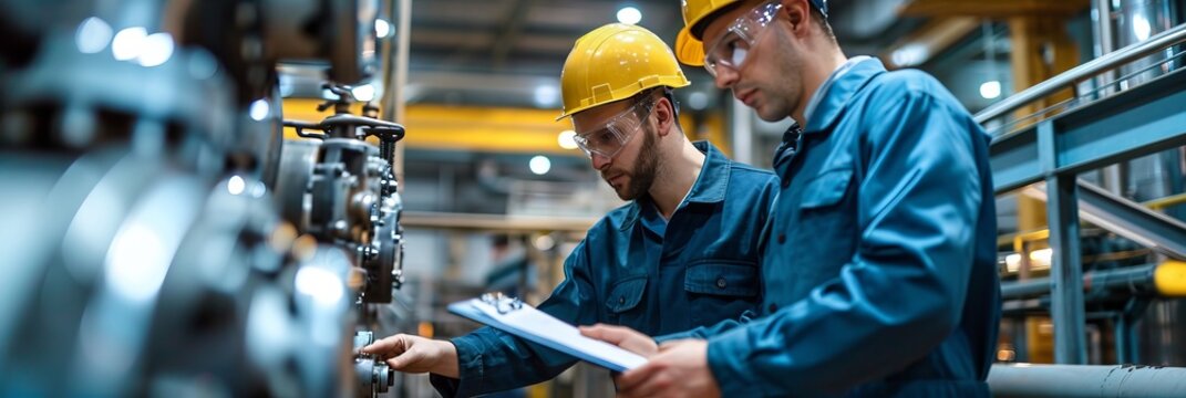 Technical Consultation Between Factory Engineers.
Engineers in hard hats discussing over a clipboard.