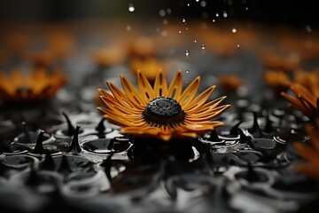  a close up of a sunflower in a puddle of water with drops of water on the bottom and bottom of the petals, with a dark background of black and white.