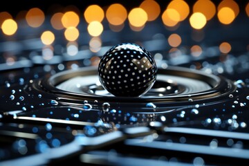  a close up of a ball on a surface with a lot of lights in the background and a circular object in the middle of the image with water droplets on the surface. - obrazy, fototapety, plakaty