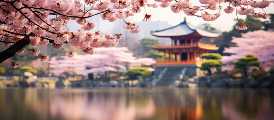 Obraz premium Beautiful Japanese landscape with cherry blossoms in the background