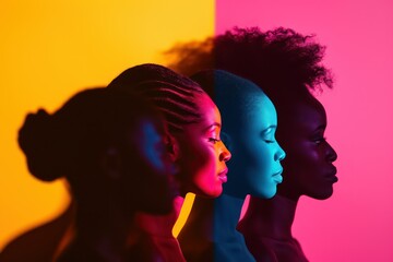 Diverse women of different ethnicities and skin color, Feminism and racial unity to fight against racial discrimination in workplace - obrazy, fototapety, plakaty