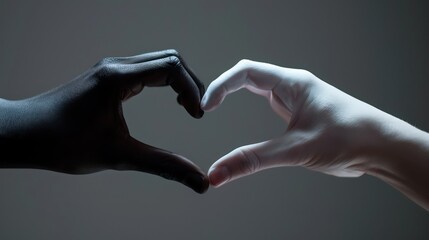 Valentines day concept: Inter-racial love couple, White and black hand forming heart sign, Racial unity to Fight against racism and racial discrimination, Promotion of Equality diversity inclusion - obrazy, fototapety, plakaty