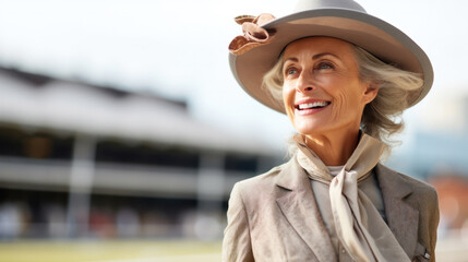 Woman in classic British suit and gorgeous handmade hat to attend horse races - obrazy, fototapety, plakaty