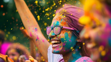 Woman with colorful face enjoy at holi color festival