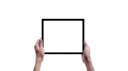 Black tablet in hand with transparent screen. Tablet in hands on transparent background