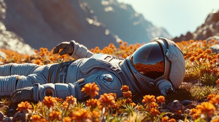 Astronaut lies among orange flowers on Mars. Spaceman wear helmet suit. Cosmonaut explore cosmos. Nasa journey. Whole galaxy trip concept. Explorer mission. Open galactic atmosphere. White spacesuit. - obrazy, fototapety, plakaty