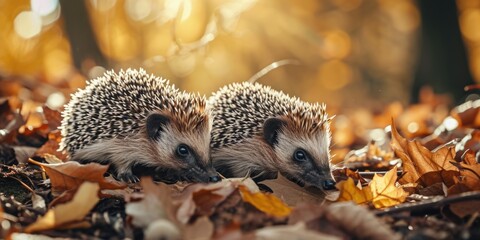 a two spotted hedgehogs with grass in the ground - obrazy, fototapety, plakaty