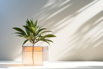  a plant in a clear glass vase with a shadow on the wall behind it and a light shining on the wall behind it and a shadow cast on the wall.