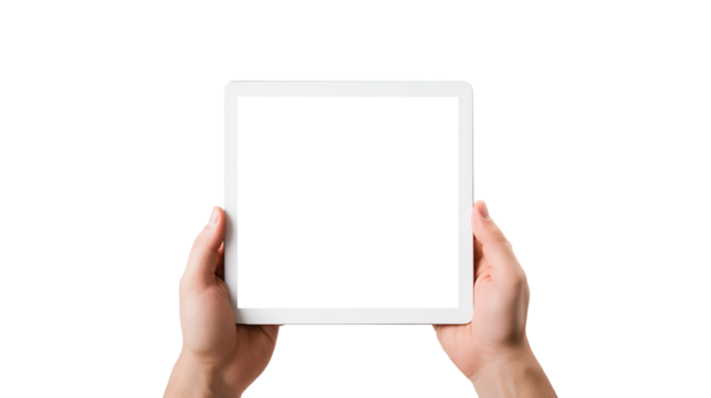 White tablet in hand with transparent screen. Tablet in hands on transparent background