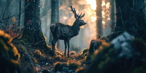 Schilderijen op glas a deer standing in the woods looking lonesome © Landscape Planet