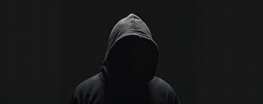 Veiled in shadows. Mysterious figure shrouded in darkness wearing hood and faceless mask emanating aura of menace and intrigue perfect for capturing essence of mystery and suspense