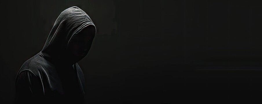 Veiled in shadows. Mysterious figure shrouded in darkness wearing hood and faceless mask emanating aura of menace and intrigue perfect for capturing essence of mystery and suspense