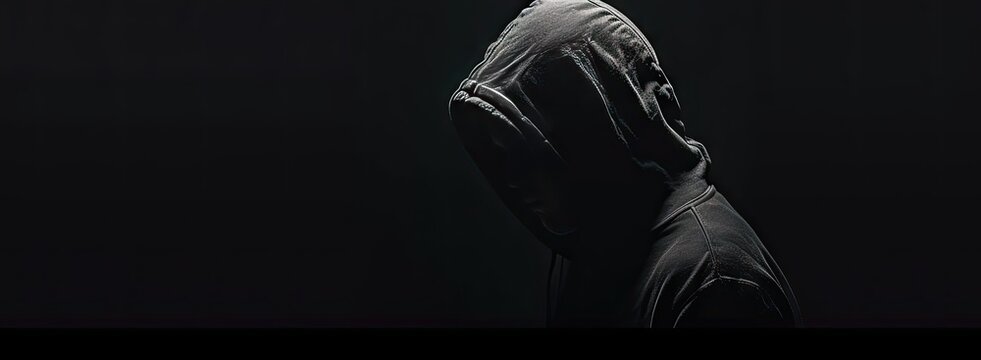 Veiled in shadows. Mysterious figure shrouded in darkness wearing hood and faceless mask emanating aura of menace and intrigue perfect for capturing essence of mystery and suspense - Powered by Adobe