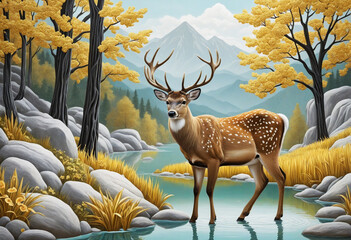 Deer and Trees Landscape - obrazy, fototapety, plakaty