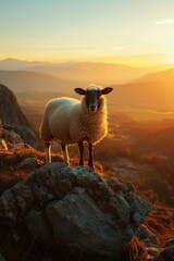 Fototapeta premium a sheep stands on a mountain top in the background against the sunset