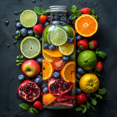 Healthy Lifestyle in Glass Bottle, Vegetables and Fruits