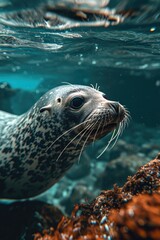 Obraz premium a seal underwater swimming with clear water