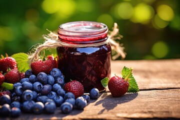  a jar of blueberries and raspberries sit next to a pile of blueberries and raspberries on a wooden table in front of a blurry background.