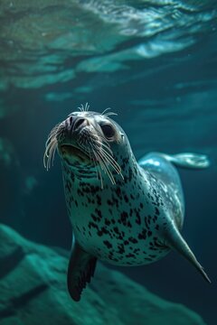 a seal underwater swimming with clear water
