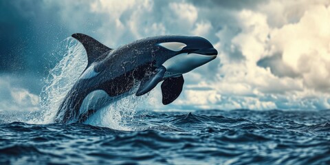 an orca jumping with its tail out of the water