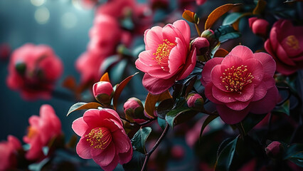Elegant Pink Camellias Blooming in Dark Mystical Garden, Vivid Floral Display on Moody Background,...