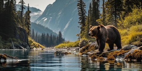 grizzly bear standing on a river in a forest, mountainous vistas - obrazy, fototapety, plakaty