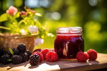  a jar of raspberry jam sitting on a table next to a basket of blackberries and raspberries next to a basket of flowers and a potted plant.