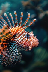 Naklejka na ściany i meble lionfish are blue and red with striped fins and coral