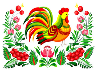 Vector illustration of Ukrainian Petrykivka painting isolated on white background. Petrykivka composition of the spring season with a colorful rooster, leaves, viburnum, flowers in a cartoon style.