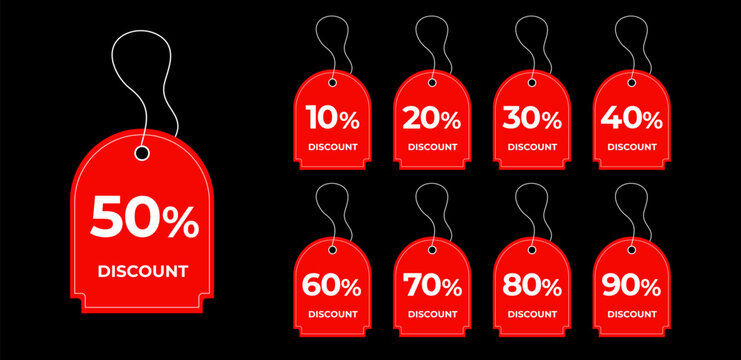 10, 20, 30, 40, 50, 60, 70, 80, 90. Different value percent off. Red price tag discout. Special offer or shopping discount label. Promotional sale badge. Vector illustration.